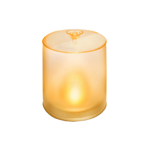 Inflatable translucent solar LED candle with warm flickering light, designed for safe, portable use in camping, emergency supplies, and outdoor lighting collections.