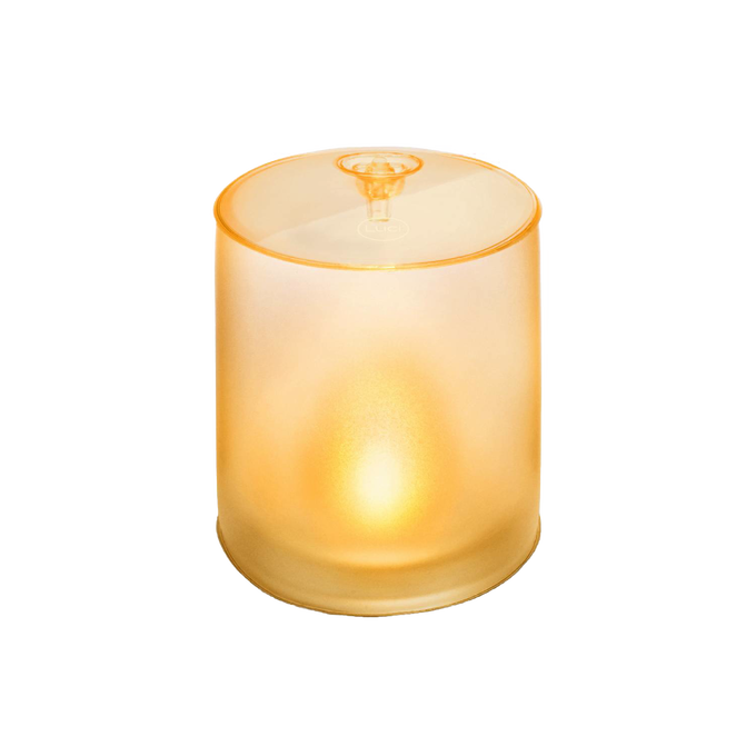 Inflatable translucent solar LED candle with warm flickering light, designed for safe, portable use in camping, emergency supplies, and outdoor lighting collections.