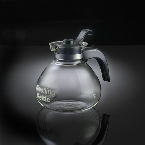 Clear glass whistling kettle with black ergonomic handle and lid, featuring a durable borosilicate carafe ideal for Kitchen & Food and Brewing Coffee and Tea collections.