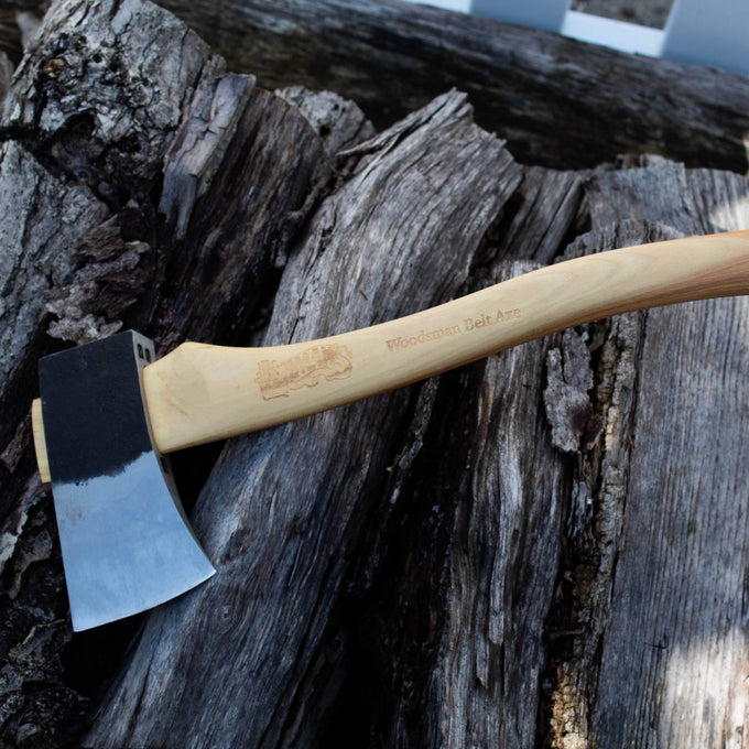 Handcrafted Woodsman's Belt Axe featuring a sharp carbon steel blade and a smooth Amish-made hickory handle, ideal for wood cutting and hauling, from Farm, Garden & Tool and USA Made collections.