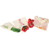 Set of three reusable produce bags in small, medium, and large sizes with vegetable-themed prints, designed for eco-friendly grocery storage in kitchen and food collections.