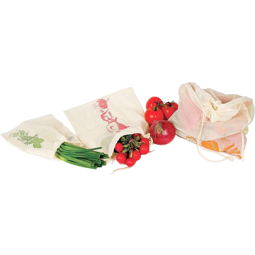 Set of three reusable produce bags in small, medium, and large sizes with vegetable-themed prints, designed for eco-friendly grocery storage in kitchen and food collections.