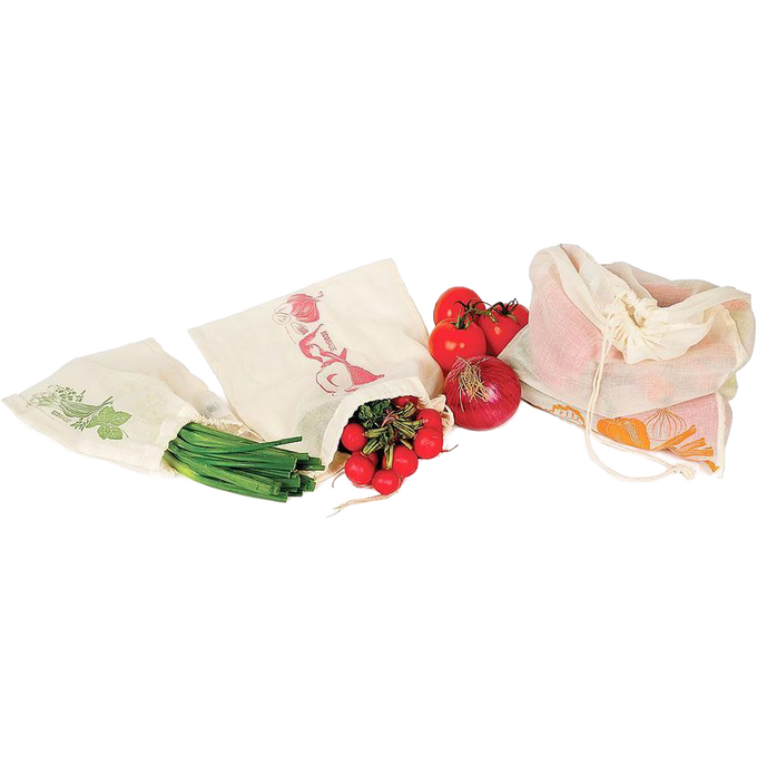 Set of three reusable produce bags in small, medium, and large sizes with vegetable-themed prints, designed for eco-friendly grocery storage in kitchen and food collections.