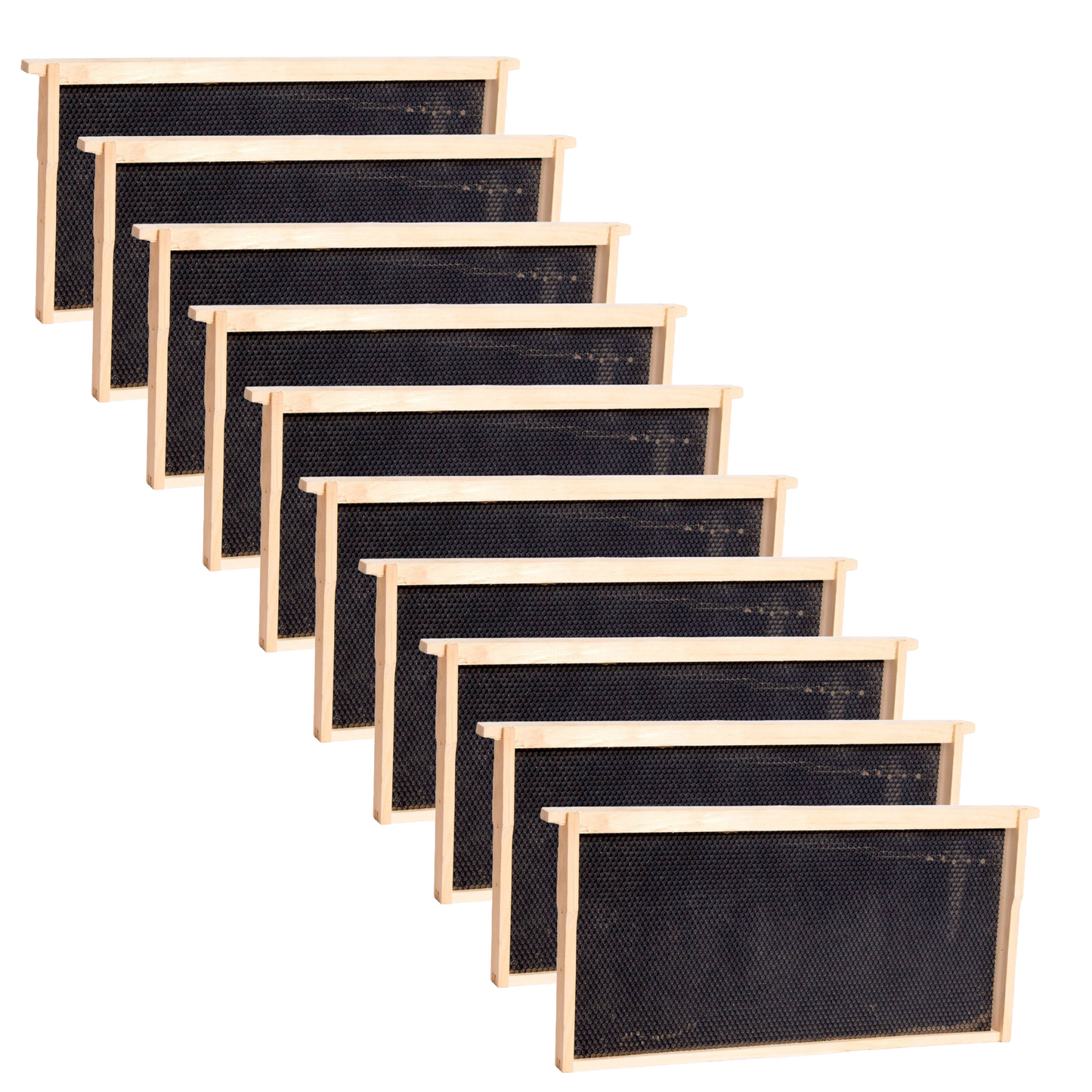 Set of handcrafted Amish made deep bee frames featuring sturdy heavy waxed plastic foundation, suitable for various hive sizes, part of USA Made and Beekeeping Supplies collections.