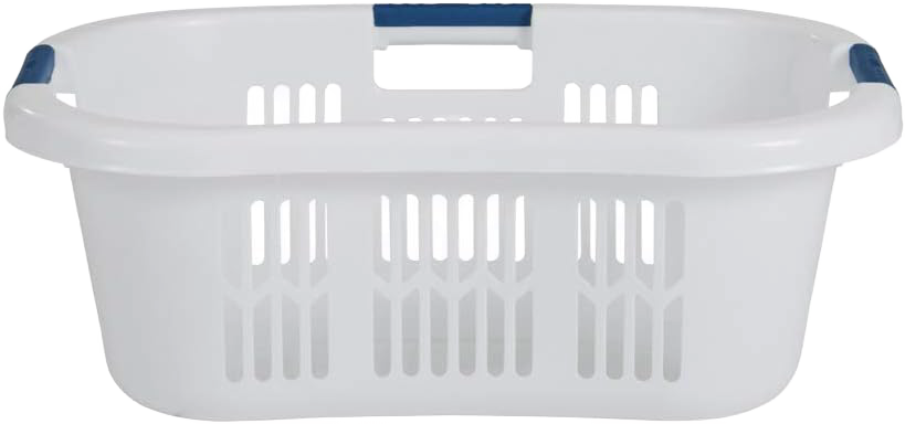 White plastic laundry basket with curved design and navy blue grip handles, featuring ventilated sides for airflow, made in the USA for laundry and home organization.