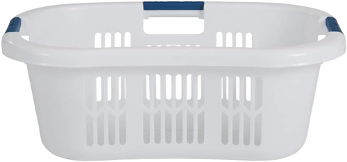 White plastic laundry basket with curved design and navy blue grip handles, featuring ventilated sides for airflow, made in the USA for laundry and home organization.