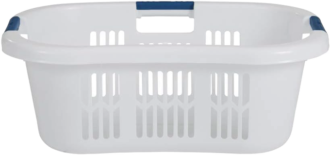 White plastic laundry basket with curved design and navy blue grip handles, featuring ventilated sides for airflow, made in the USA for laundry and home organization.
