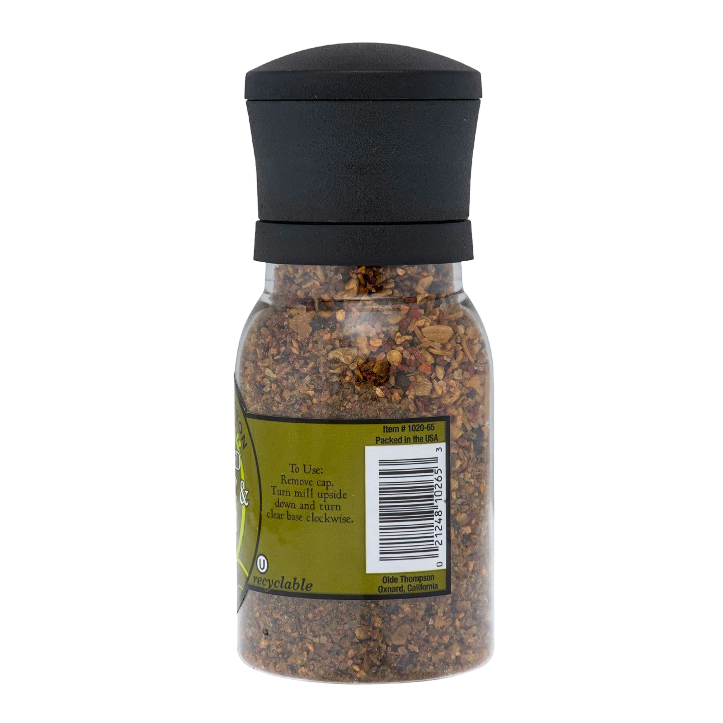 Clear bottle filled with a roasted garlic and herb spice blend, featuring a black adjustable grinder top and recyclable labeling, ideal for Kitchen & Food, Pantry, and Grilling collections.