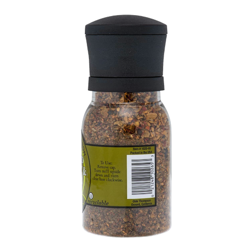 Clear bottle filled with a roasted garlic and herb spice blend, featuring a black adjustable grinder top and recyclable labeling, ideal for Kitchen & Food, Pantry, and Grilling collections.
