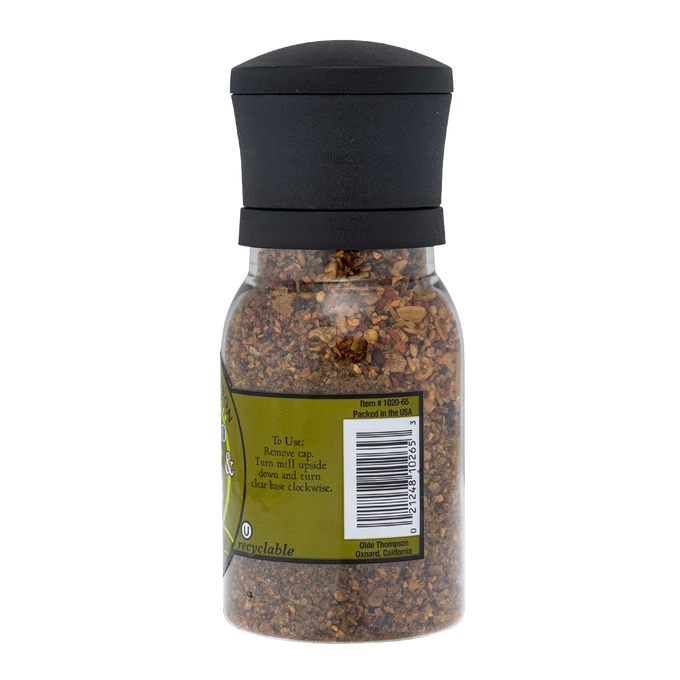 Clear bottle filled with a roasted garlic and herb spice blend, featuring a black adjustable grinder top and recyclable labeling, ideal for Kitchen & Food, Pantry, and Grilling collections.