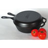 Handcrafted cast iron combo cooker with a deep skillet and shallow griddle lid, made in USA, accompanied by fresh tomatoes, ideal for Kitchen & Food and Cast Iron cookware collections.