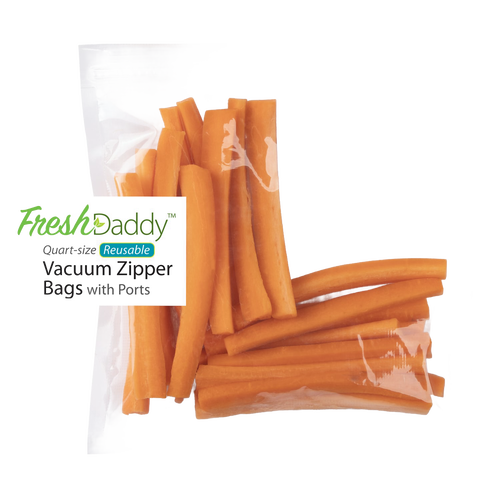 Clear reusable vacuum zipper bag containing fresh carrot sticks, designed for food preservation and storage in kitchen and freezing collections.