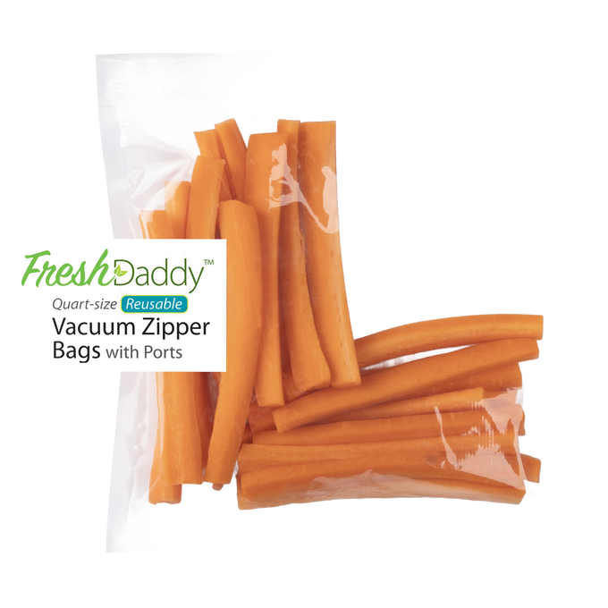 Clear reusable vacuum zipper bag containing fresh carrot sticks, designed for food preservation and storage in kitchen and freezing collections.