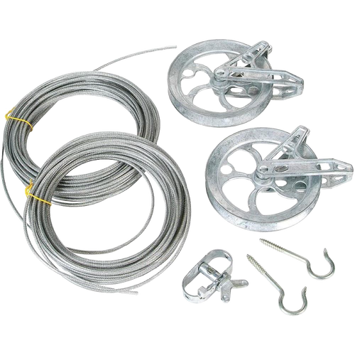 Handcrafted premium clothesline kit featuring plastic-coated stranded wire cables with rustproof zinc pulleys, hooks, and fasteners, perfect for Home & Decor and Laundry Supplies collections.