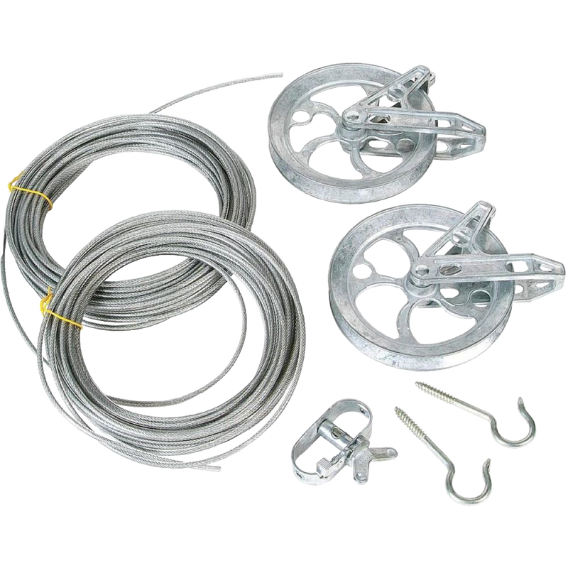 Handcrafted premium clothesline kit featuring plastic-coated stranded wire cables with rustproof zinc pulleys, hooks, and fasteners, perfect for Home & Decor and Laundry Supplies collections.