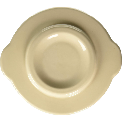 Cream-colored stoneware crock cover with handles on each side, handcrafted in the USA, ideal for kitchen food preservation and fermenting and pickling collections.