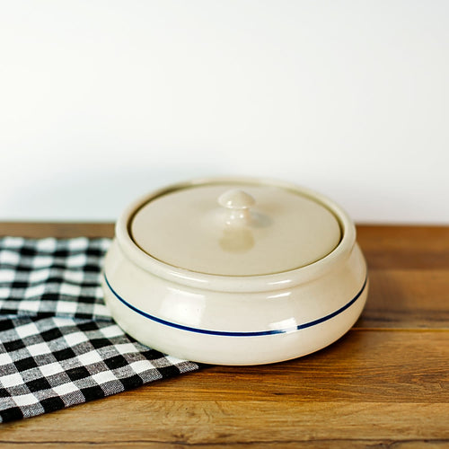 Handcrafted stoneware tortilla warmer with a simple blue stripe, made in the USA, perfect for Kitchen & Food, Storage and Serving, and Best Sellers collections.