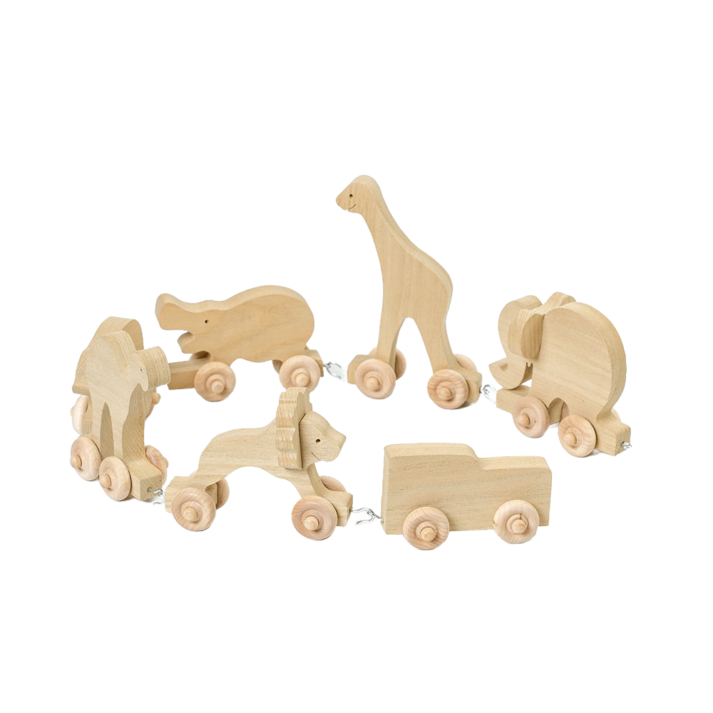 Handcrafted wooden animal train pieces including a giraffe, elephant, hippopotamus, lion, and truck, made in USA Amish style, ideal for children's indoor play and wooden toy collections.