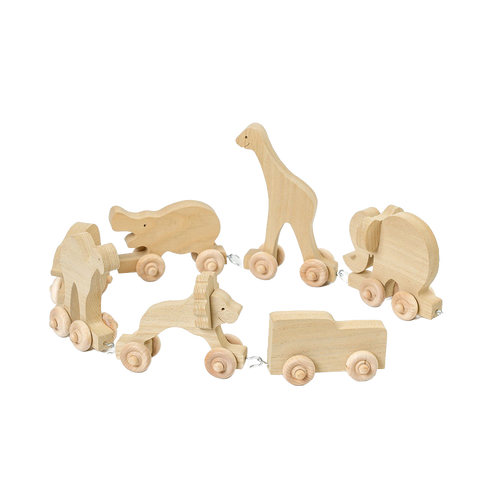 Handcrafted wooden animal train pieces including a giraffe, elephant, hippopotamus, lion, and truck, made in USA Amish style, ideal for children's indoor play and wooden toy collections.