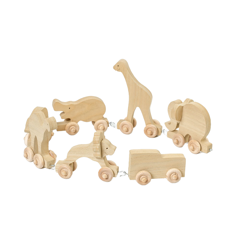 Handcrafted wooden animal train pieces including a giraffe, elephant, hippopotamus, lion, and truck, made in USA Amish style, ideal for children's indoor play and wooden toy collections.