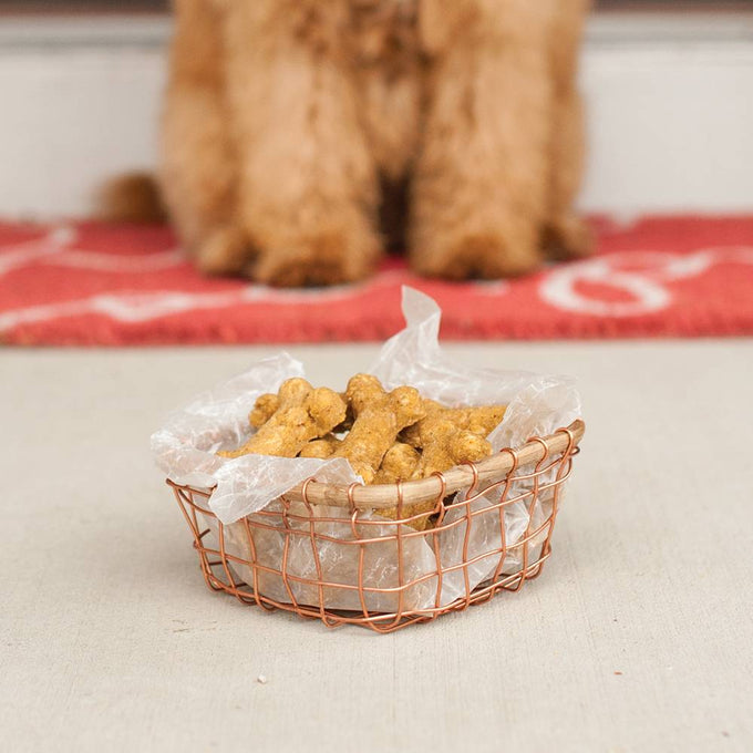 Wire basket lined with parchment paper filled with homemade dog bone treats, set on a floor mat with a blurred dog in the background, featured in Pet Supplies and Best Sellers collections.