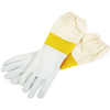 Pair of smooth goatskin beekeeping gloves with vented yellow fabric cuffs and elastic openings, designed for dexterity and protection in farm, garden, and beekeeping gear collections.