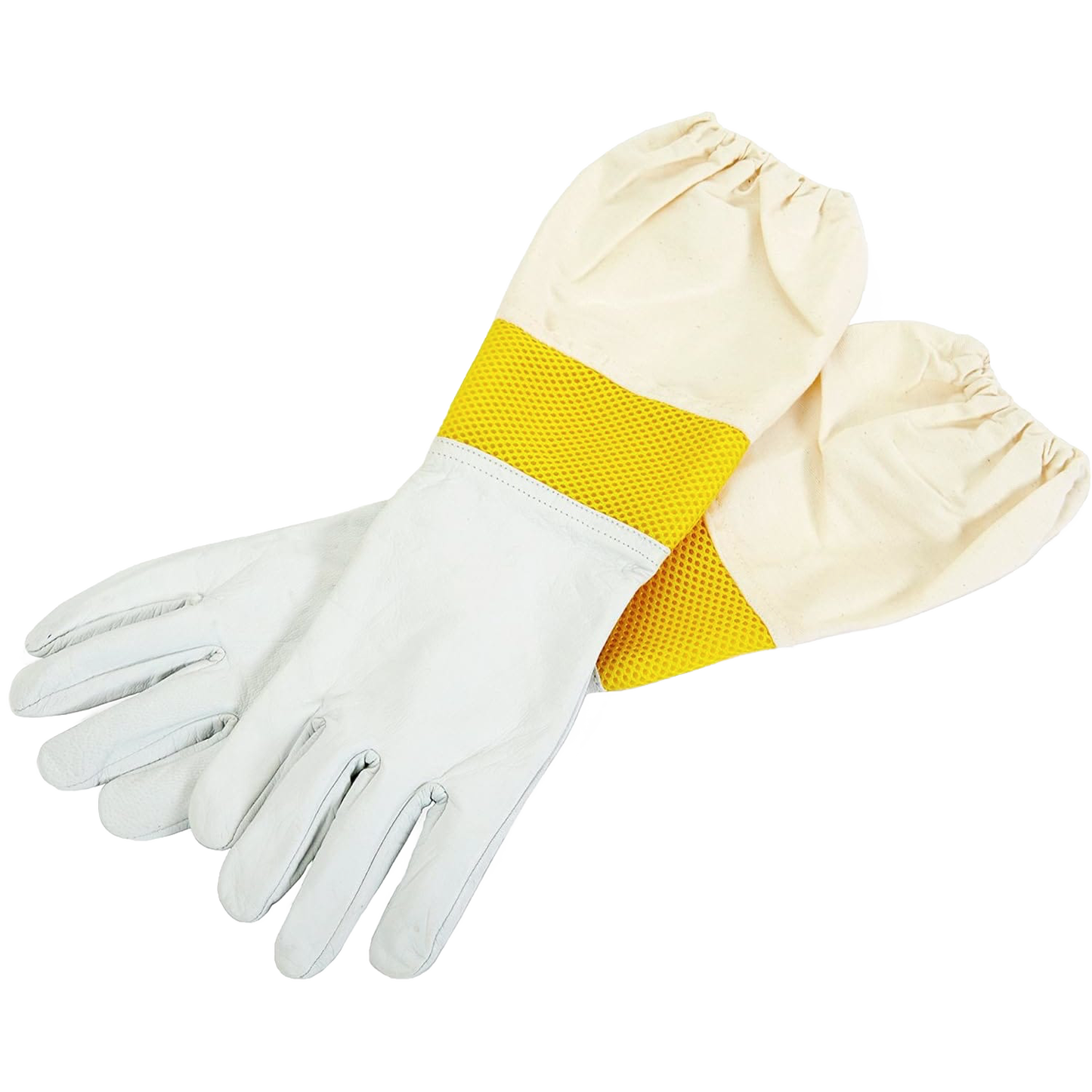 Pair of smooth goatskin beekeeping gloves with vented yellow fabric cuffs and elastic openings, designed for dexterity and protection in farm, garden, and beekeeping gear collections.