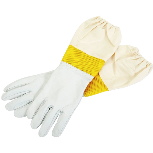 Pair of smooth goatskin beekeeping gloves with vented yellow fabric cuffs and elastic openings, designed for dexterity and protection in farm, garden, and beekeeping gear collections.