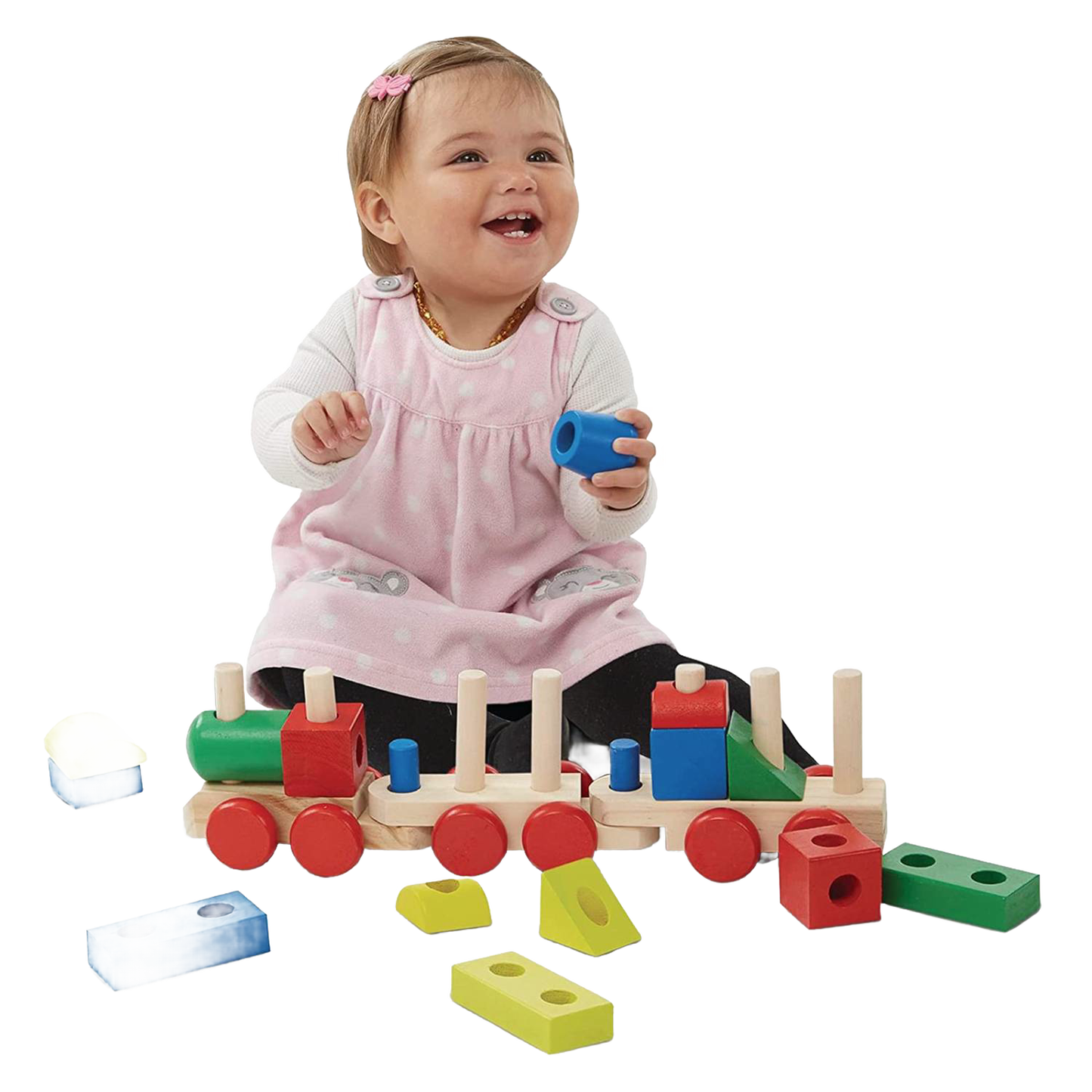 Toddler playing with a colorful wooden stacking train toy featuring detachable cars and geometric blocks, designed to encourage building, sorting, and indoor play, part of Toys, Books & Games, Children's Toys, Wooden Toys, Best Sellers, and Promo Eligible collections.