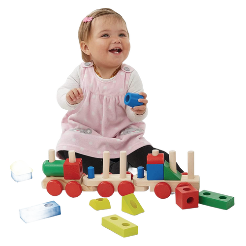 Toddler playing with a colorful wooden stacking train toy featuring detachable cars and geometric blocks, designed to encourage building, sorting, and indoor play, part of Toys, Books & Games, Children's Toys, Wooden Toys, Best Sellers, and Promo Eligible collections.