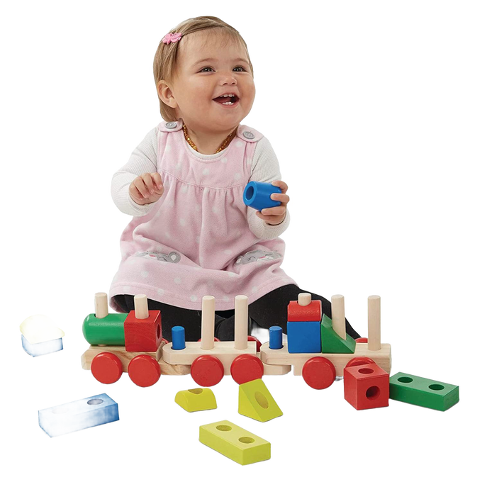 Toddler playing with a colorful wooden stacking train toy featuring detachable cars and geometric blocks, designed to encourage building, sorting, and indoor play, part of Toys, Books & Games, Children's Toys, Wooden Toys, Best Sellers, and Promo Eligible collections.