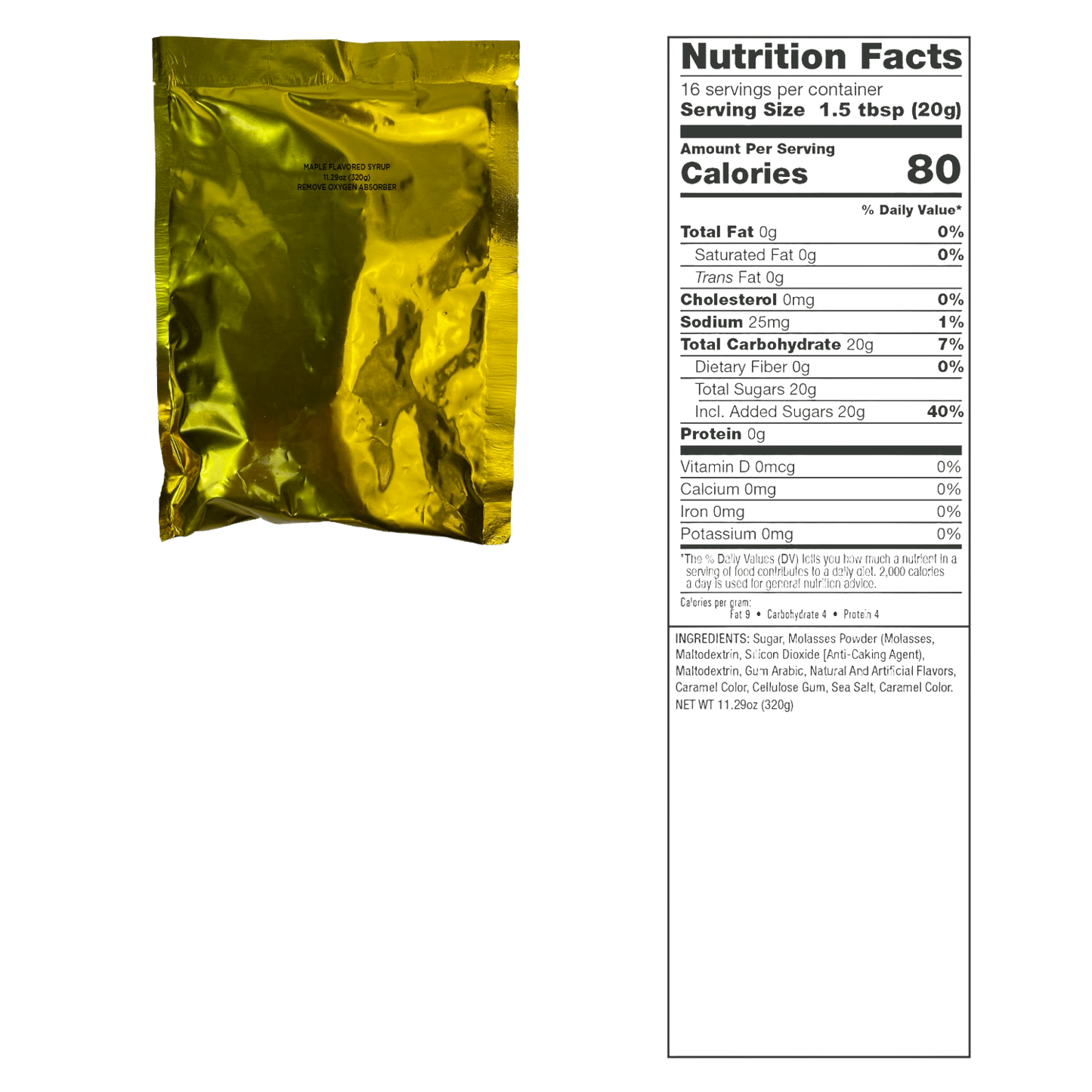 Sealed gold foil pouch labeled as a pancake mix with a detailed nutrition facts panel showing 80 calories per serving, suitable for Farm, Garden & Tool, Kitchen & Food, Emergency Supplies, and Pantry collections.
