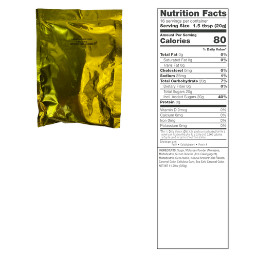 Sealed gold foil pouch labeled as a pancake mix with a detailed nutrition facts panel showing 80 calories per serving, suitable for Farm, Garden & Tool, Kitchen & Food, Emergency Supplies, and Pantry collections.