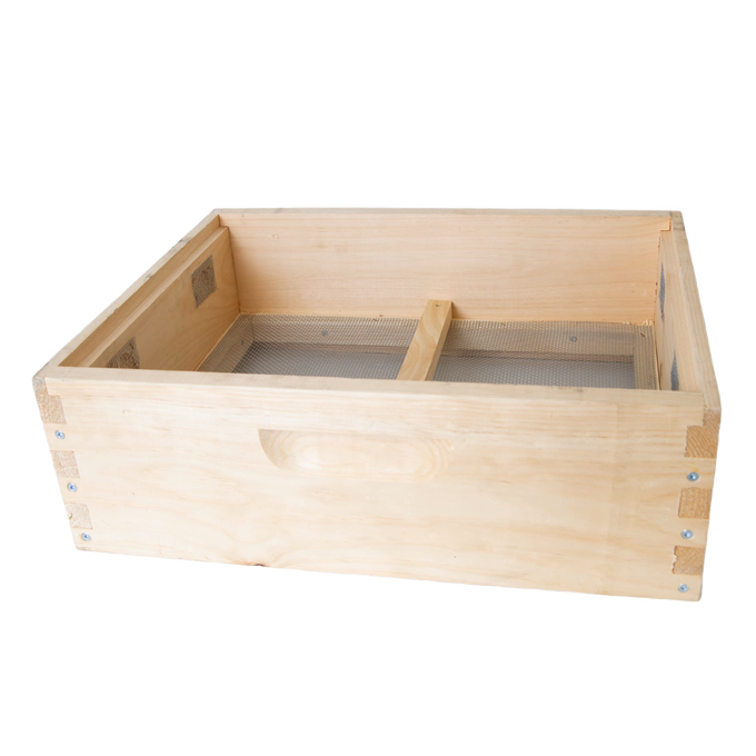 Handcrafted wooden winter hive topper with mesh bottom and ventilation slots, designed for moisture control in bee hives, Amish made, USA made, ideal for farm and beekeeping use.