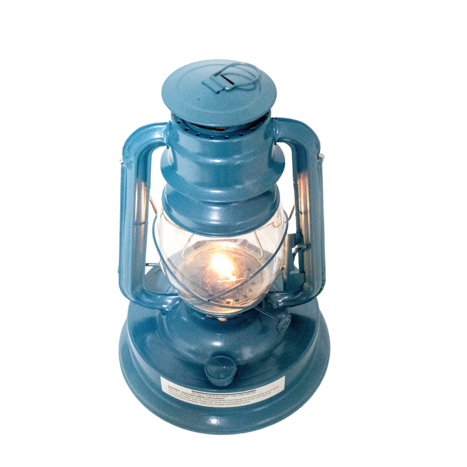 Handcrafted blue lantern emitting a warm glow, designed for reliable use in farm, garden, camping, and emergency settings, featured in Lamps & Lighting and Best Sellers collections.