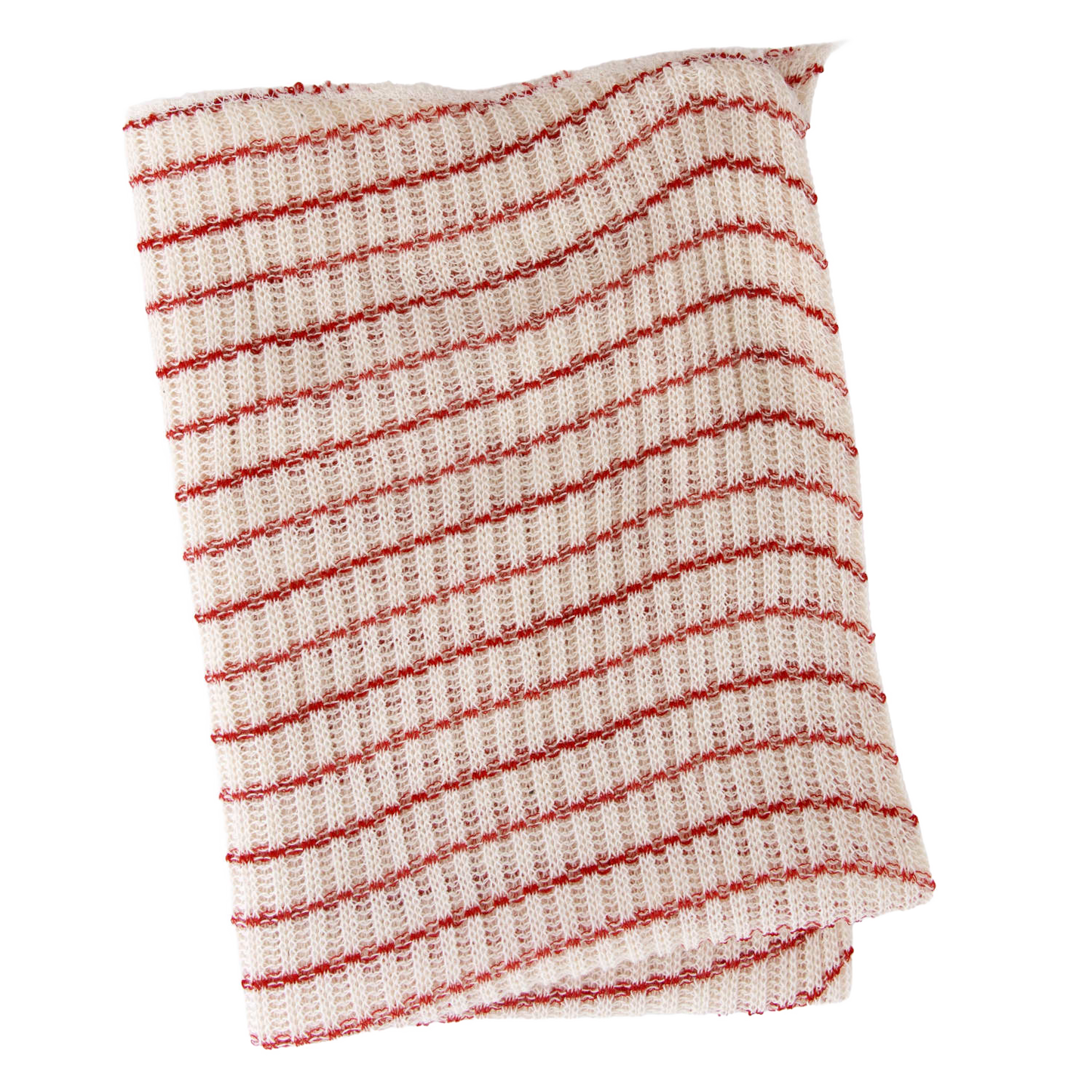Thick, absorbent double-layer dishcloth in white with red stripes, crafted from a poly/cotton blend, made in USA, suitable for Kitchen & Food and Kitchen Textiles collections.