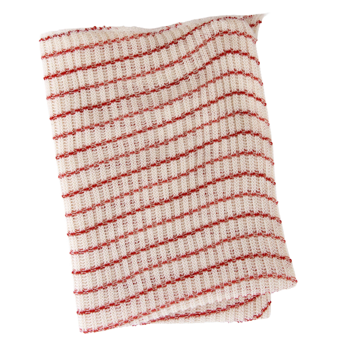 Thick, absorbent double-layer dishcloth in white with red stripes, crafted from a poly/cotton blend, made in USA, suitable for Kitchen & Food and Kitchen Textiles collections.