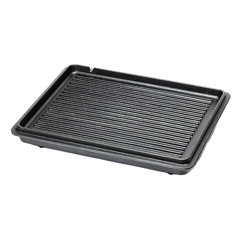 Heavy-duty cast iron griddle with raised ridges for even cooking, suitable for home kitchens, camping, and outdoor cooking, featured in farm, garden, and cookware collections.