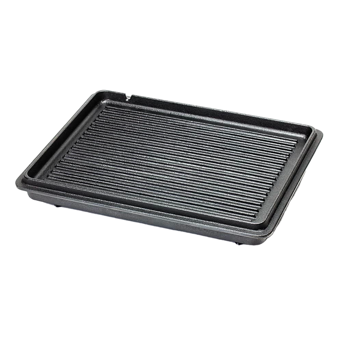 Heavy-duty cast iron griddle with raised ridges for even cooking, suitable for home kitchens, camping, and outdoor cooking, featured in farm, garden, and cookware collections.