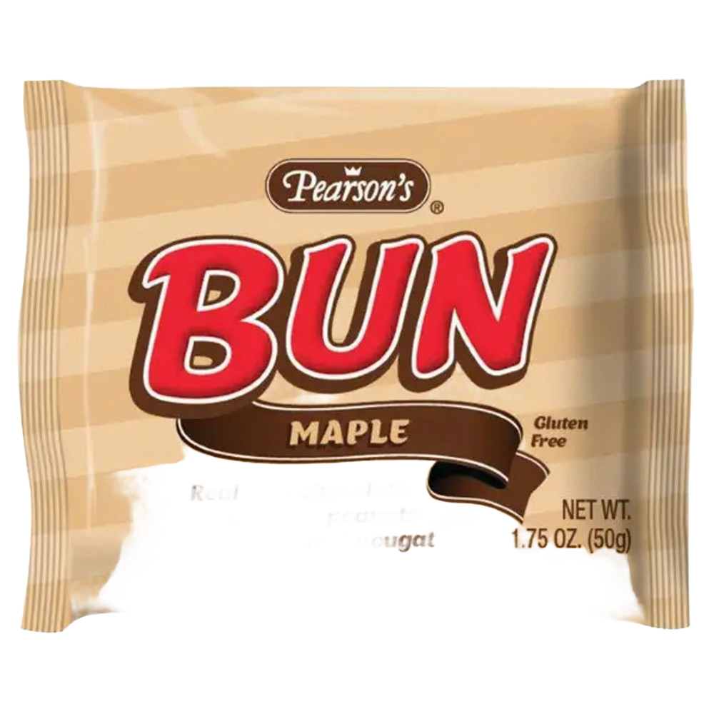 Individually wrapped maple-flavored candy bar made in USA with real milk chocolate, Virginia peanuts, and nougat, gluten-free, featured in Kitchen & Food, Candy, and Best Sellers collections.