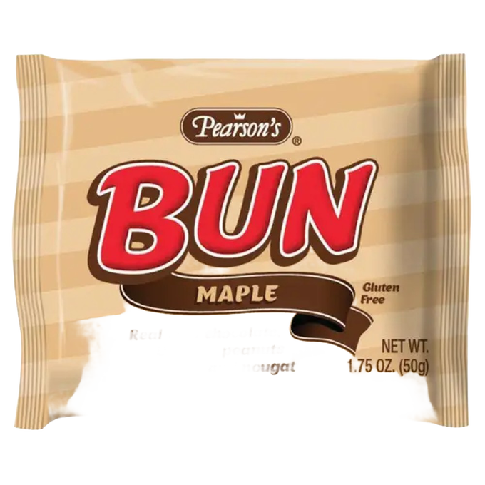 Individually wrapped maple-flavored candy bar made in USA with real milk chocolate, Virginia peanuts, and nougat, gluten-free, featured in Kitchen & Food, Candy, and Best Sellers collections.