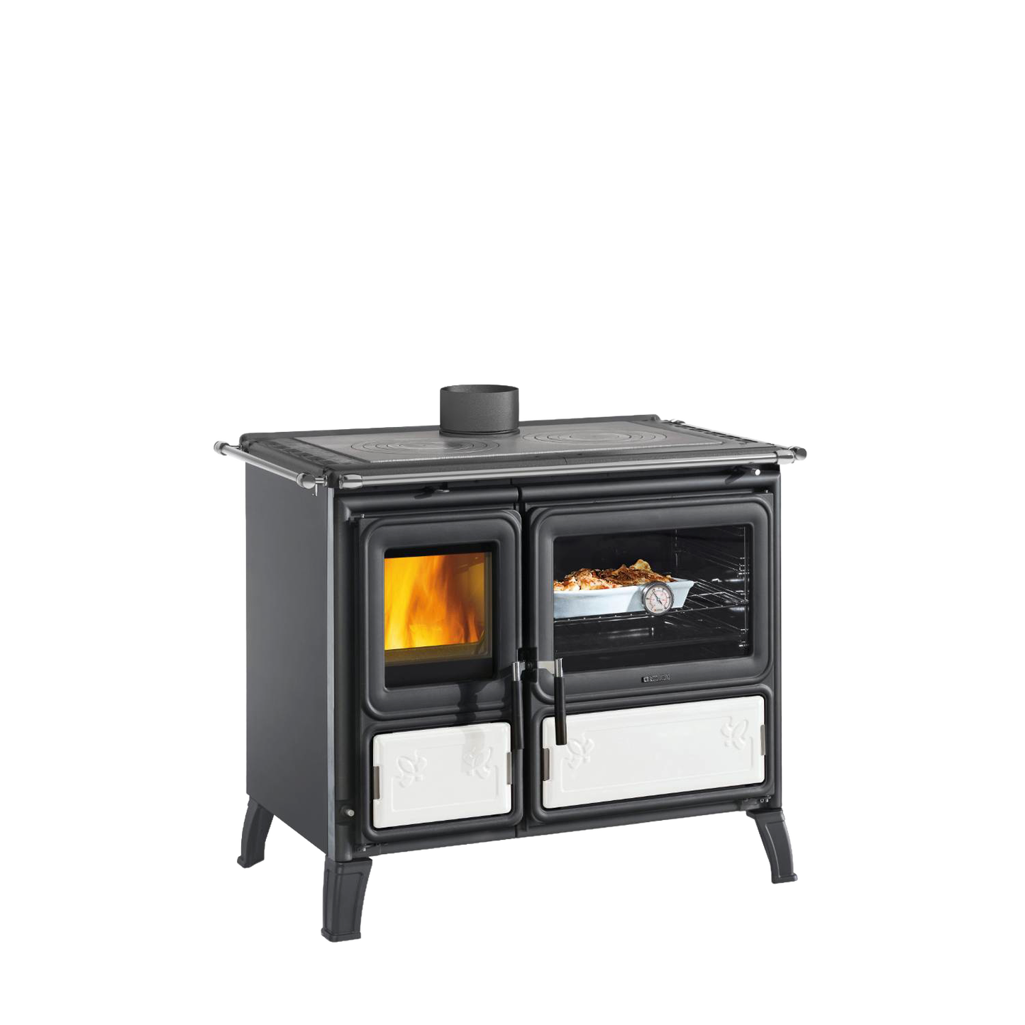 Handcrafted wood-burning cook stove with cast iron fire door and optional top food warmer, featuring legs for easy cleaning and external air intake, ideal for Stoves, Cookstoves, Best Sellers, and All Stoves & Appliances collections.
