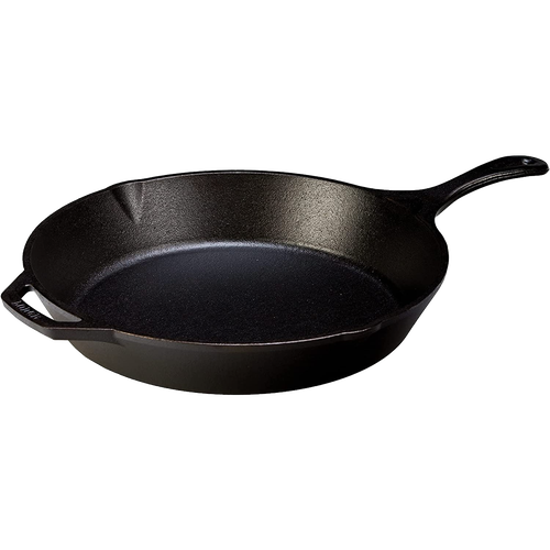 Heavy-duty cast iron skillet with elongated handle and helper grip, pre-seasoned for lasting heat retention, perfect for Kitchen & Food, Cast Iron, Cookware, and USA Made collections.