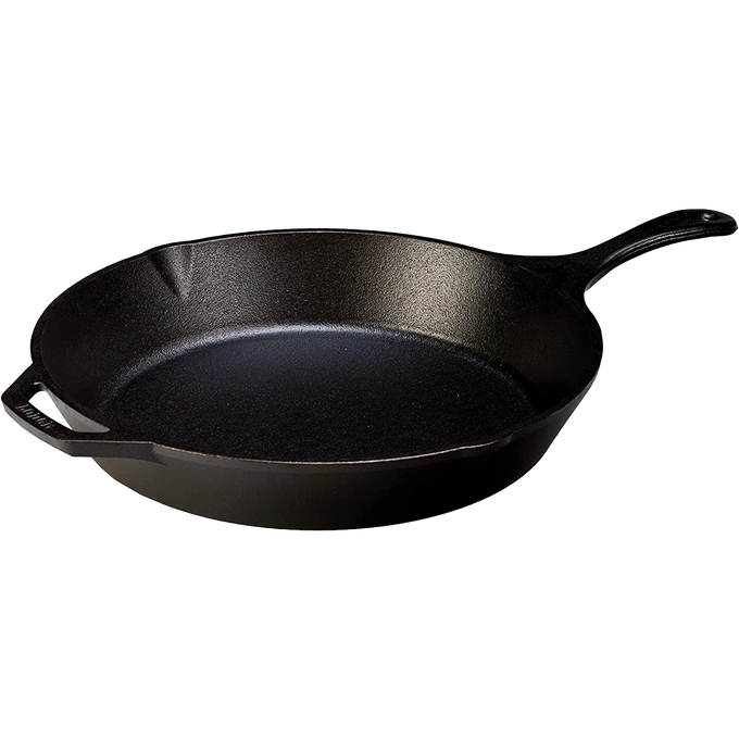 Heavy-duty cast iron skillet with elongated handle and helper grip, pre-seasoned for lasting heat retention, perfect for Kitchen & Food, Cast Iron, Cookware, and USA Made collections.