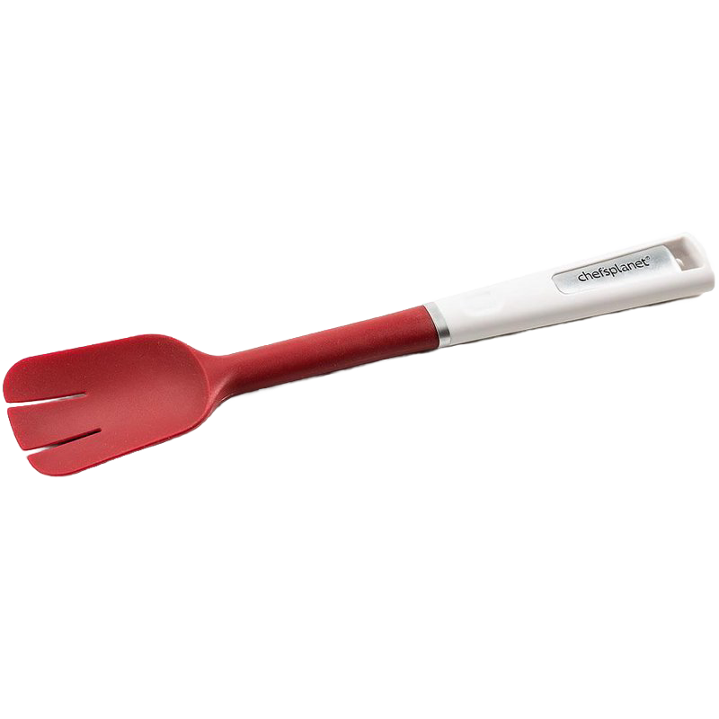 Flexible red silicone batter spatula with a slotted head and sturdy white plastic handle, ideal for stirring, scraping, and spreading in Kitchen & Food and Baking Helper collections.