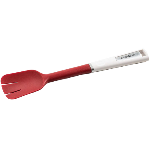 Flexible red silicone batter spatula with a slotted head and sturdy white plastic handle, ideal for stirring, scraping, and spreading in Kitchen & Food and Baking Helper collections.