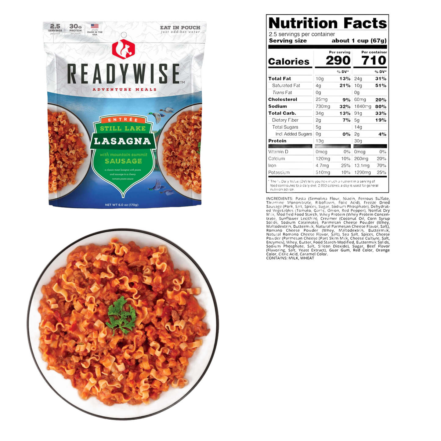 ReadyWise Still Lake Lasagna with Mountain Sausage freeze-dried entrée package shown alongside a plated serving garnished with parsley and detailed nutrition facts, suited for Camping, Emergency Supplies, USA Made, Best Sellers, and Farm, Garden & Tool collections.
