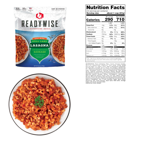 ReadyWise Still Lake Lasagna with Mountain Sausage freeze-dried entrée package shown alongside a plated serving garnished with parsley and detailed nutrition facts, suited for Camping, Emergency Supplies, USA Made, Best Sellers, and Farm, Garden & Tool collections.