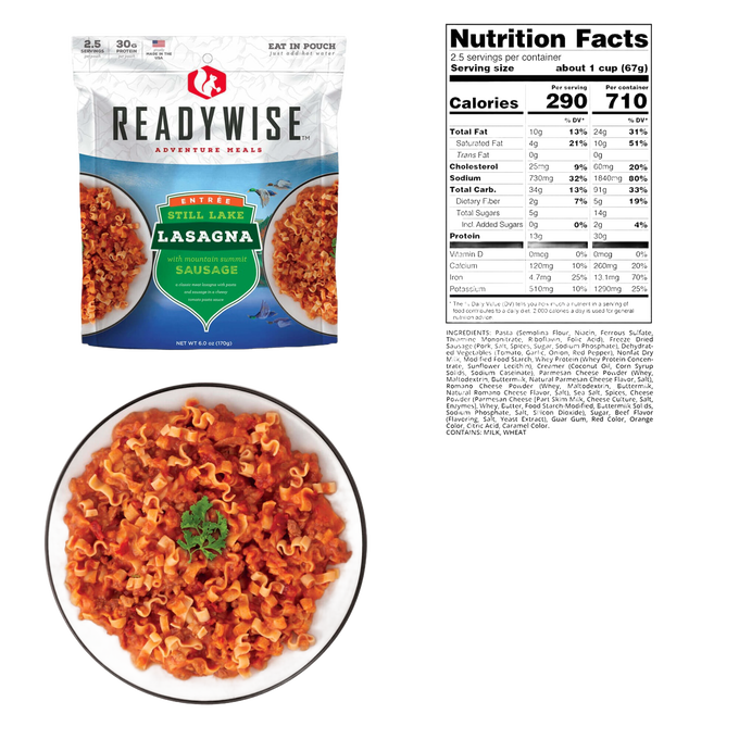 ReadyWise Still Lake Lasagna with Mountain Sausage freeze-dried entrée package shown alongside a plated serving garnished with parsley and detailed nutrition facts, suited for Camping, Emergency Supplies, USA Made, Best Sellers, and Farm, Garden & Tool collections.