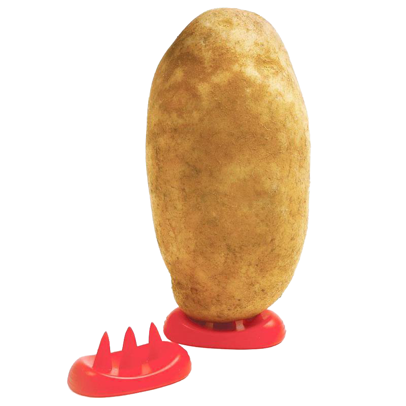 Rust-colored potato balanced upright on red plastic potato feet, designed for even cooking in microwave, featured in Kitchen & Food, Kitchen Gadgets, and Best Sellers collections.